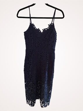 Navy Lace Midi Dress with Spaghetti Straps - Elegant Women's Occasion Dress